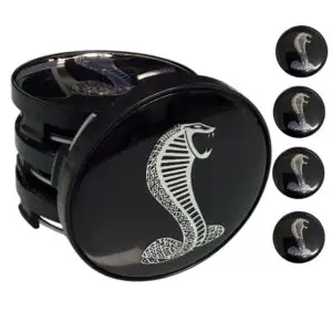 Mustang Cobra wheel center caps 60mm set of 4, black with silver Cobra snake logo