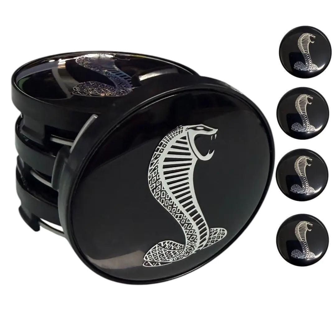 Ford Mustang Cobra Wheel Center Caps 60mm for Replica Wheels Set of 4 1 Mustang Cobra wheel center caps 60mm set of 4, black with silver Cobra snake logo